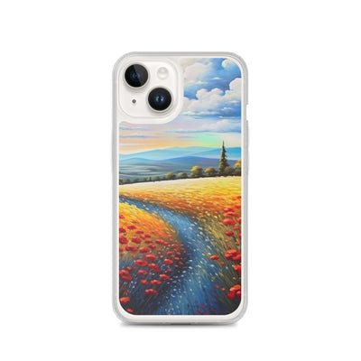 Feld mit roten Blumen und Berglandschaft - Landschaftsmalerei - iPhone Schutzhülle (durchsichtig) berge xxx iPhone 14