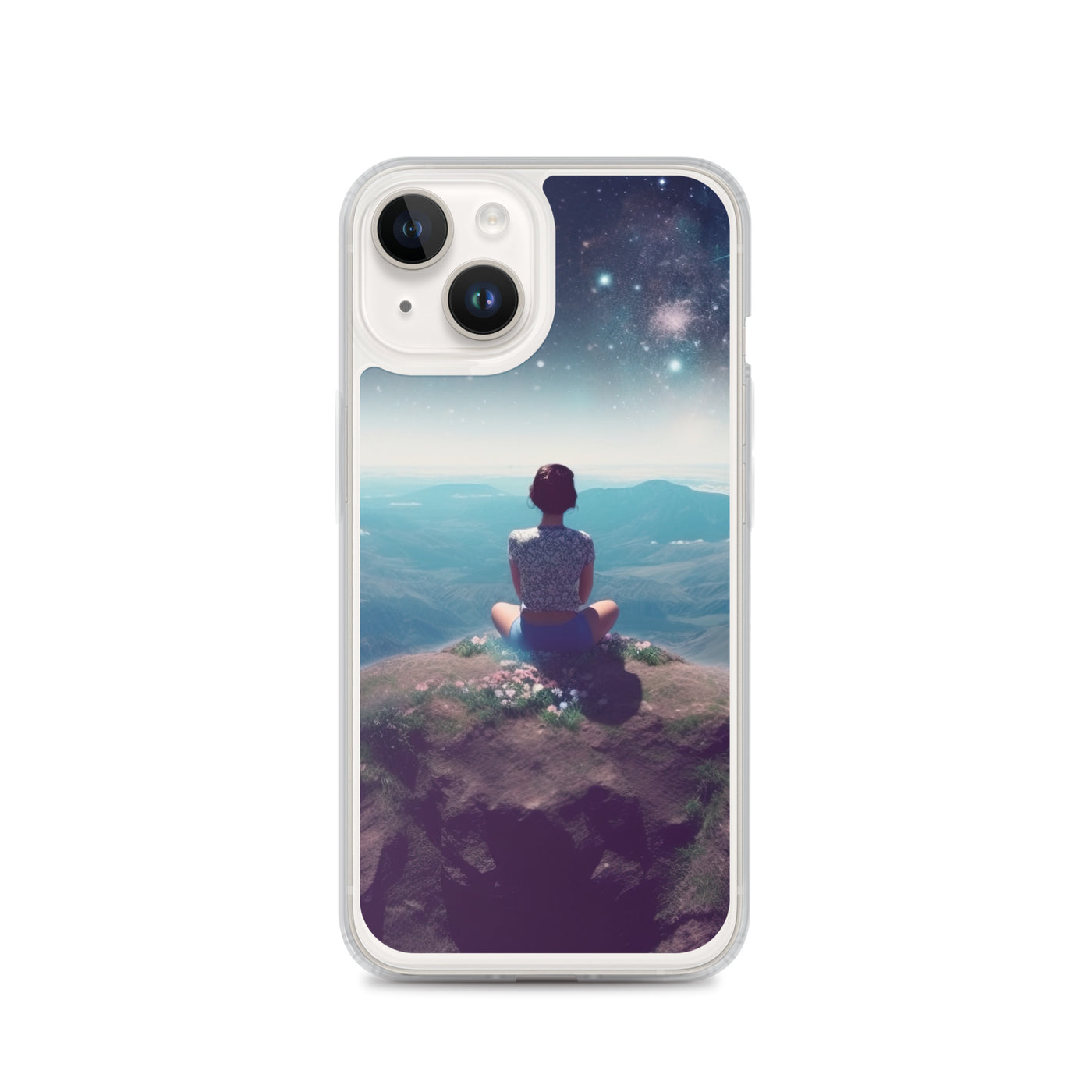 Frau sitzt auf Berg – Cosmos und Sterne im Hintergrund - Landschaftsmalerei - iPhone Schutzhülle (durchsichtig) berge xxx iPhone 14