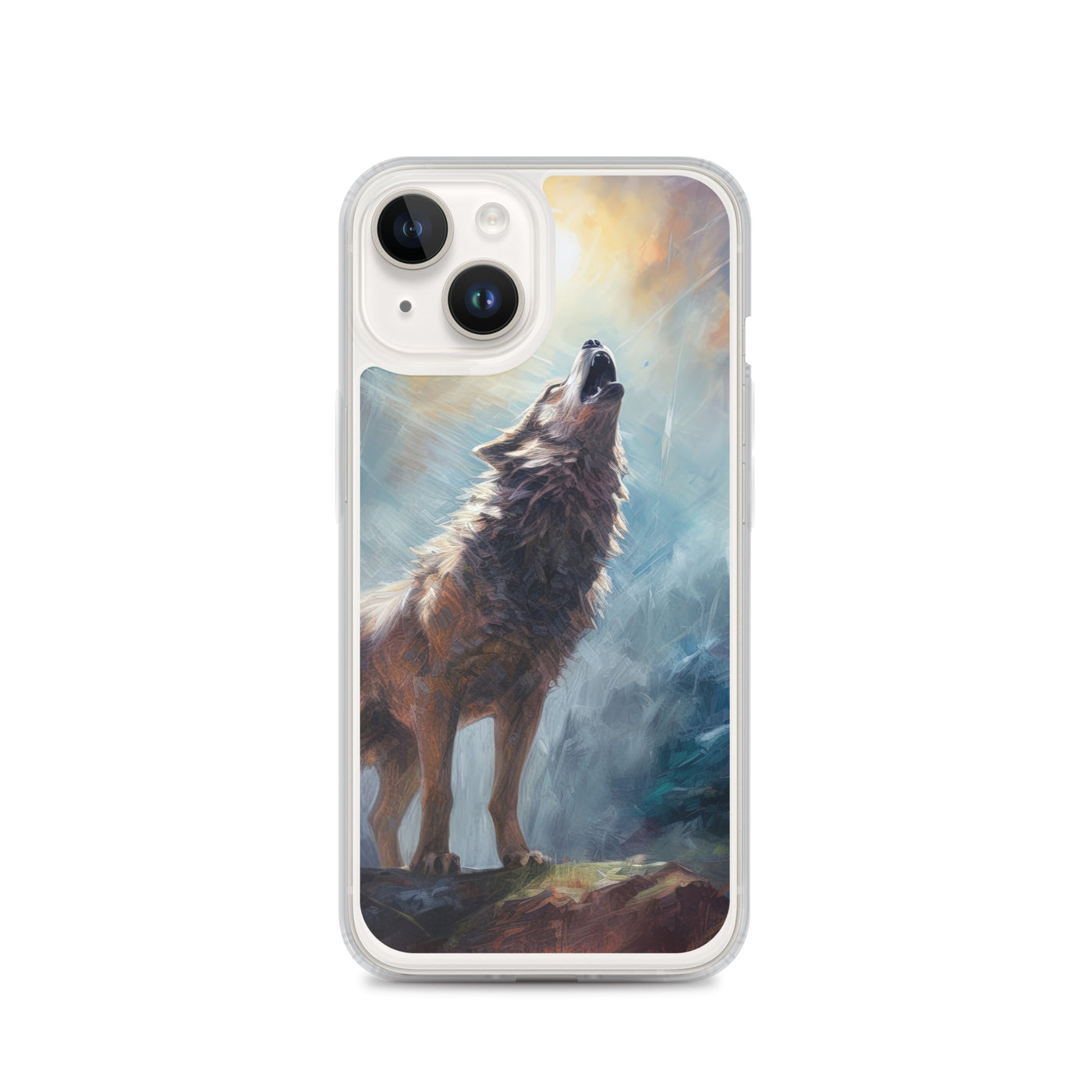 Heulender Wolf auf Berggipfel und Mond im Hintergrund – Abstrakte Malerei - iPhone Schutzhülle (durchsichtig) camping xxx iPhone 14