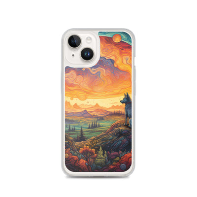 Hund auf Felsen - Epische bunte Landschaft - Malerei - iPhone Schutzhülle (durchsichtig) camping xxx iPhone 14