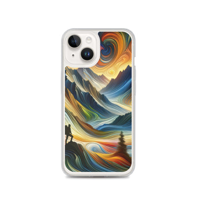 Abstraktes Kunstgemälde der Alpen mit wirbelnden, lebendigen Farben und dynamischen Mustern. Wanderer Silhouette - iPhone Schutzhülle (durchsichtig) wandern xxx yyy zzz iPhone 14