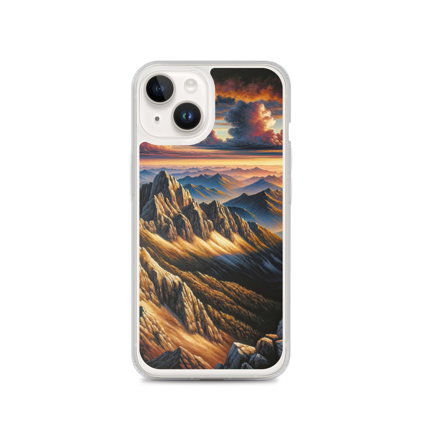 Alpen in Abenddämmerung: Acrylgemälde mit beleuchteten Berggipfeln - iPhone Schutzhülle (durchsichtig) berge xxx yyy zzz iPhone 14