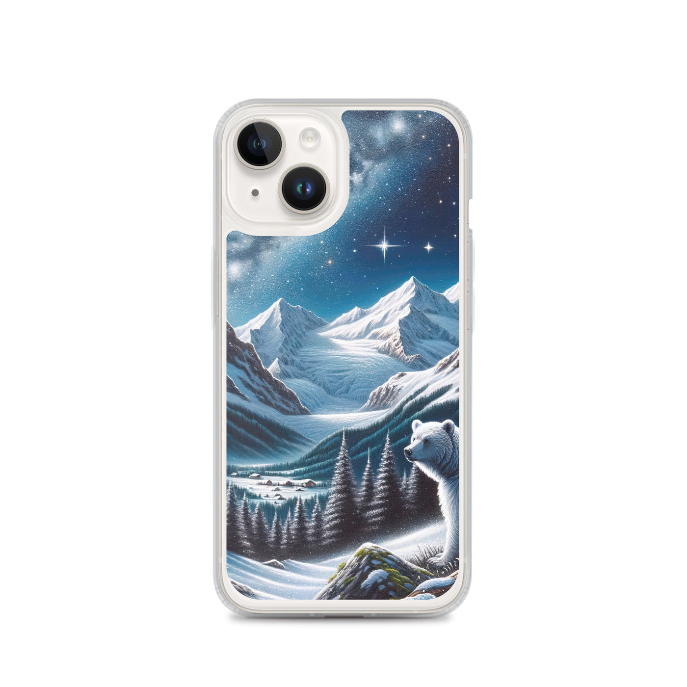 Sternennacht und Eisbär: Acrylgemälde mit Milchstraße, Alpen und schneebedeckte Gipfel - iPhone Schutzhülle (durchsichtig) camping xxx yyy zzz iPhone 14