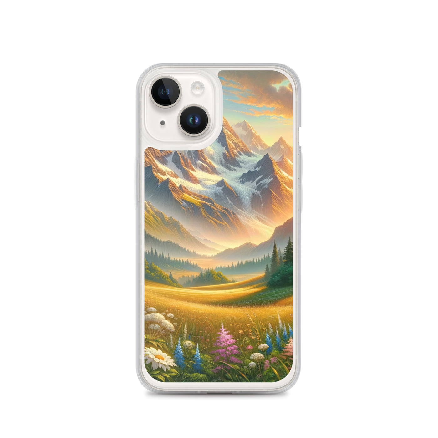 Heitere Alpenschönheit: Schneeberge und Wildblumenwiesen - iPhone Schutzhülle (durchsichtig) berge xxx yyy zzz iPhone 14