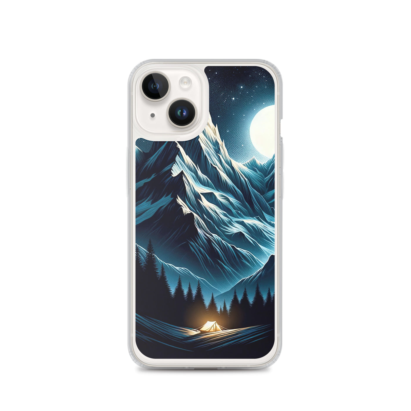 Alpennacht mit Zelt: Mondglanz auf Gipfeln und Tälern, sternenklarer Himmel - iPhone Schutzhülle (durchsichtig) berge xxx yyy zzz iPhone 14