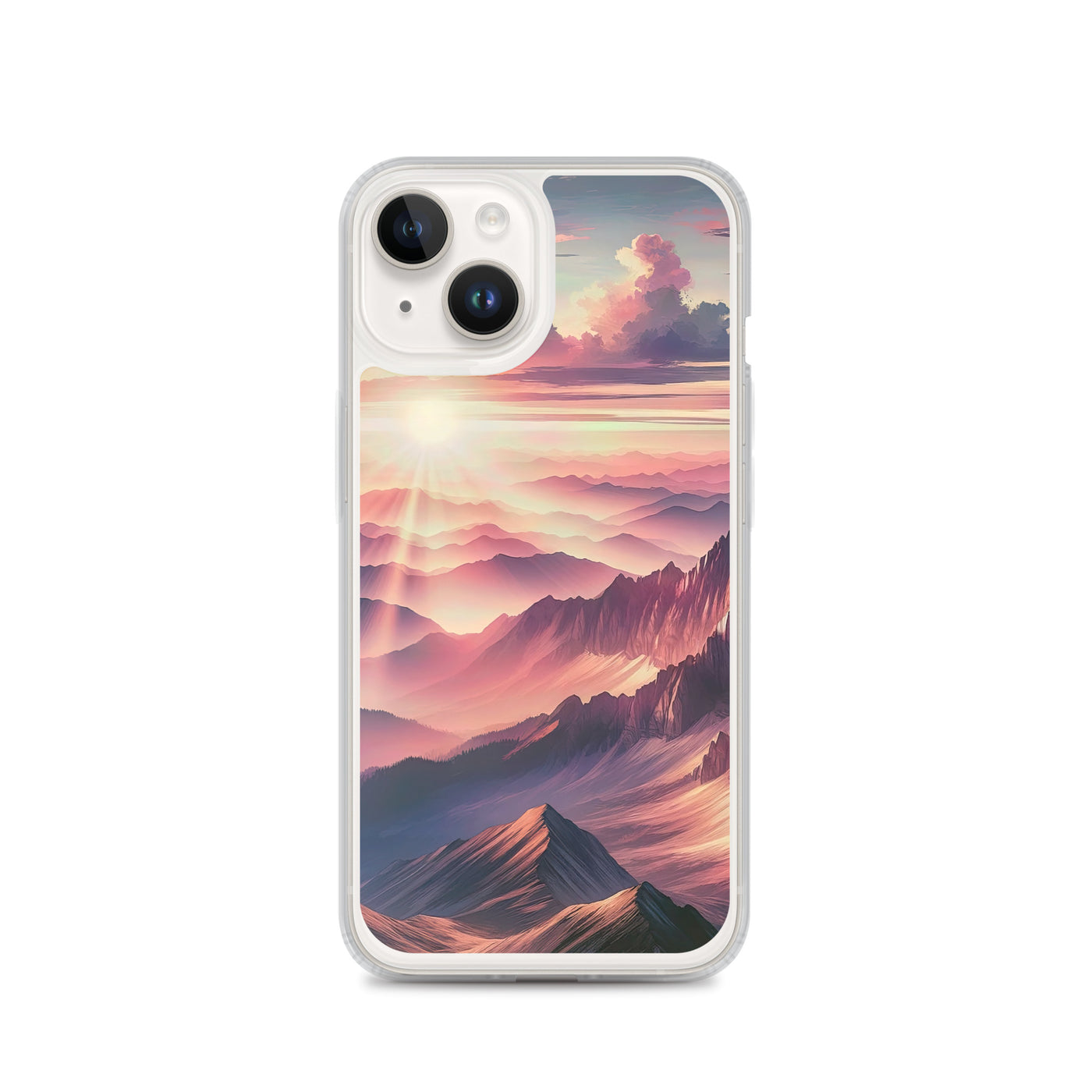 Schöne Berge bei Sonnenaufgang: Malerei in Pastelltönen - iPhone Schutzhülle (durchsichtig) berge xxx yyy zzz iPhone 14