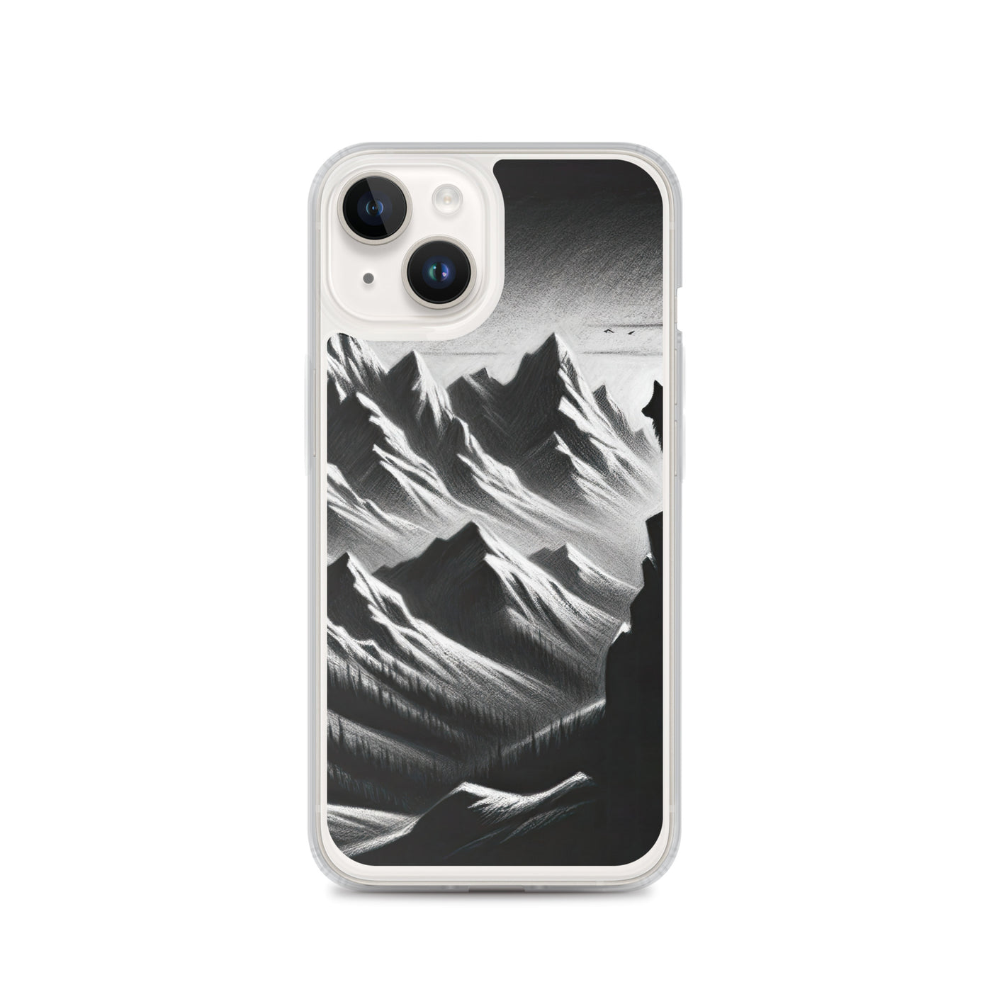 Kohlezeichnung, die die stille Stille der Alpen in der Winterdämmerung verkörpert. Wolf auf einem Berghügel (AN) - iPhone Schutzhülle (durchsichtig) xxx yyy zzz iPhone 14