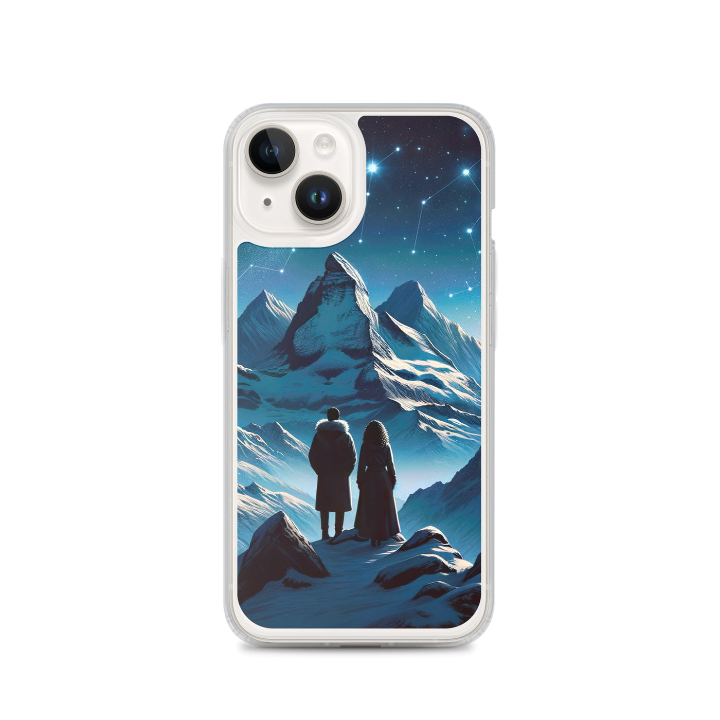 Alpenwinternacht: Digitale Kunst mit Wanderern in Bergen und Sternenhimmel - iPhone Schutzhülle (durchsichtig) wandern xxx yyy zzz iPhone 14