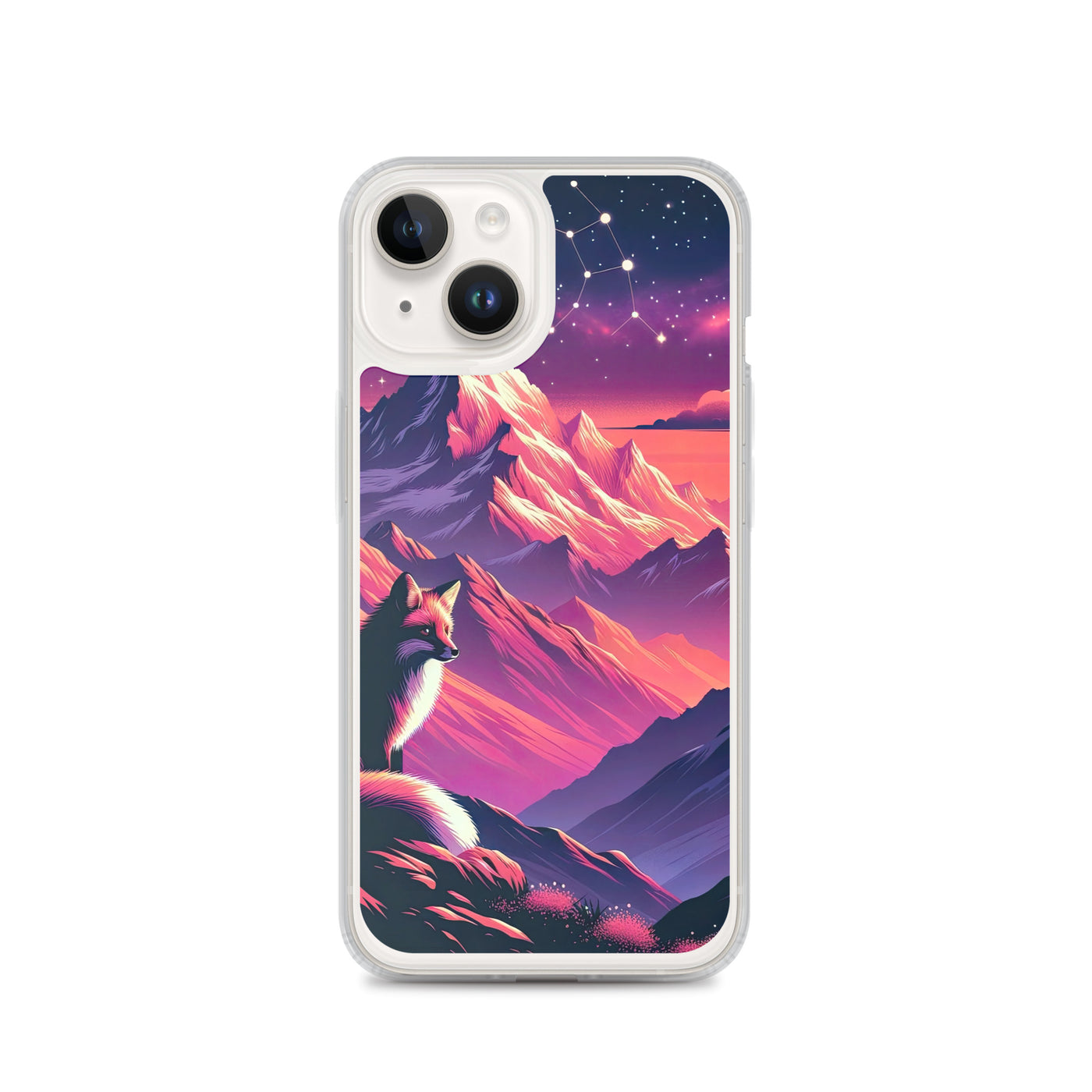 Fuchs im dramatischen Sonnenuntergang: Digitale Bergillustration in Abendfarben - iPhone Schutzhülle (durchsichtig) camping xxx yyy zzz iPhone 14