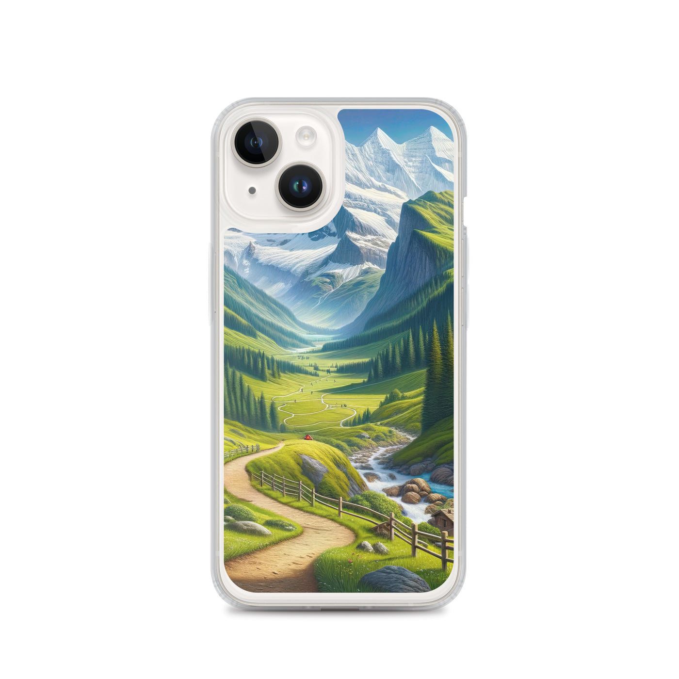 Wanderer in den Bergen und Wald: Digitale Malerei mit grünen kurvenreichen Pfaden - iPhone Schutzhülle (durchsichtig) wandern xxx yyy zzz iPhone 14