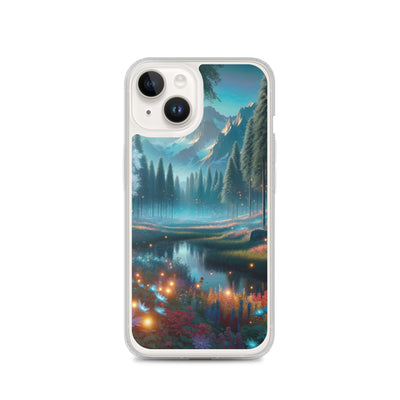 Ätherischer Alpenwald: Digitale Darstellung mit leuchtenden Bäumen und Blumen - iPhone Schutzhülle (durchsichtig) camping xxx yyy zzz iPhone 14