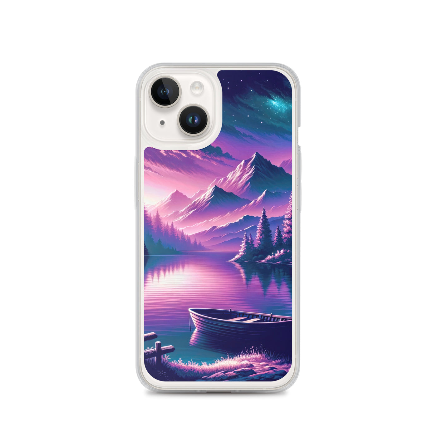 Magische Alpen-Dämmerung, rosa-lila Himmel und Bergsee mit Boot - iPhone Schutzhülle (durchsichtig) berge xxx yyy zzz iPhone 14