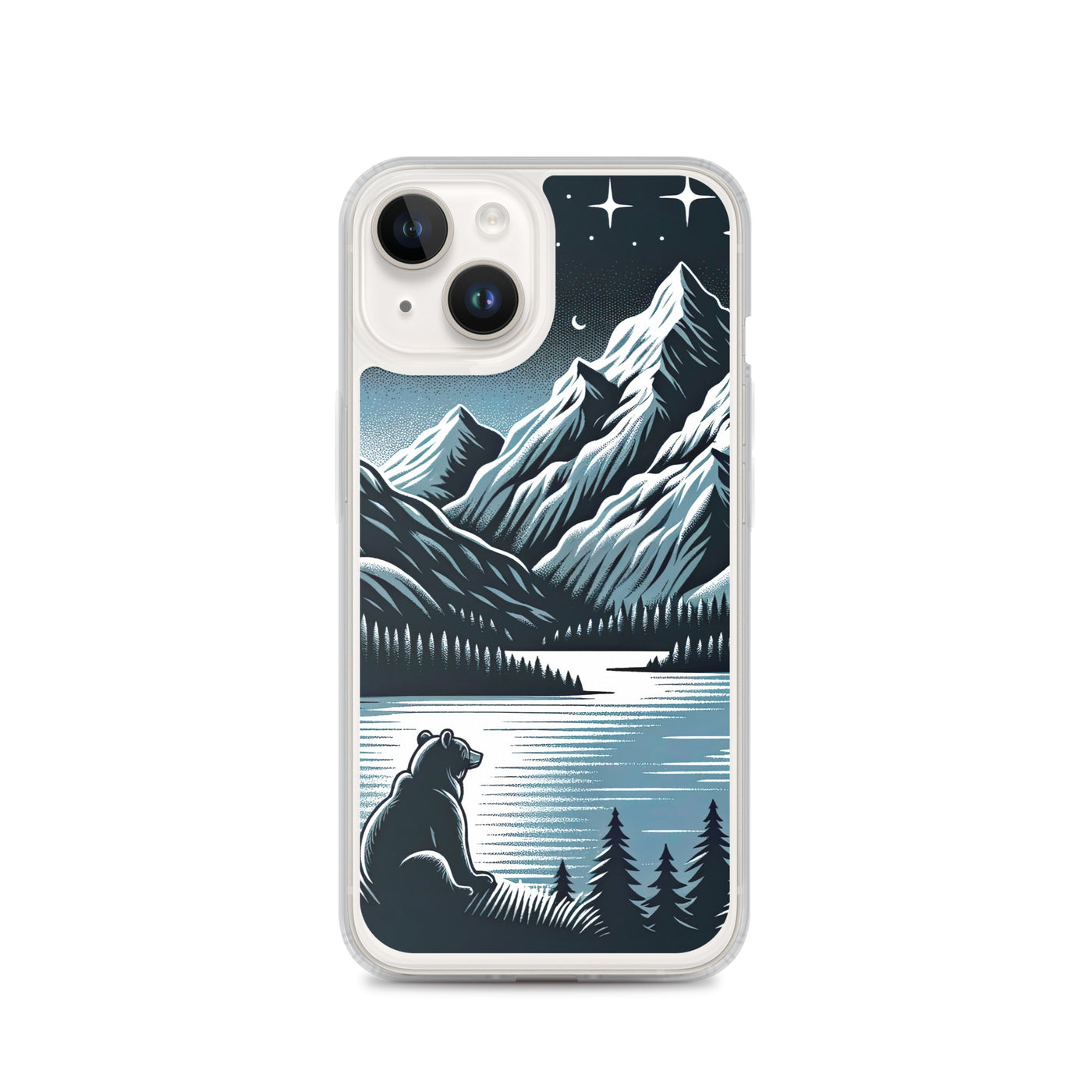 Bär in Alpen-Mondnacht, silberne Berge, schimmernde Seen - iPhone Schutzhülle (durchsichtig) camping xxx yyy zzz iPhone 14