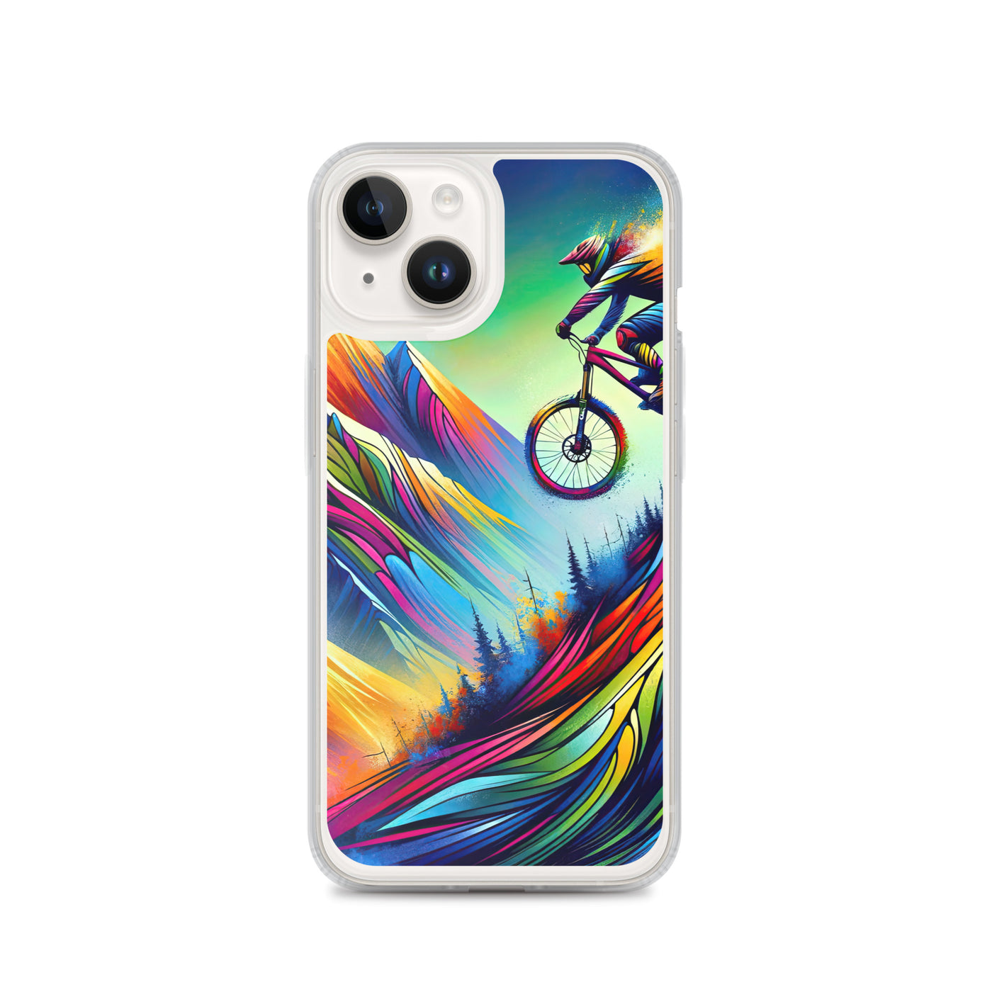 Mountainbiker in farbenfroher Alpenkulisse mit abstraktem Touch (M) - iPhone Schutzhülle (durchsichtig) xxx yyy zzz iPhone 14