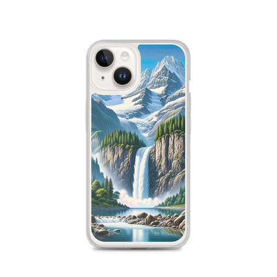 Illustration einer unberührten Alpenkulisse im Hochsommer. Wasserfall und See - iPhone Schutzhülle (durchsichtig) berge xxx yyy zzz iPhone 14