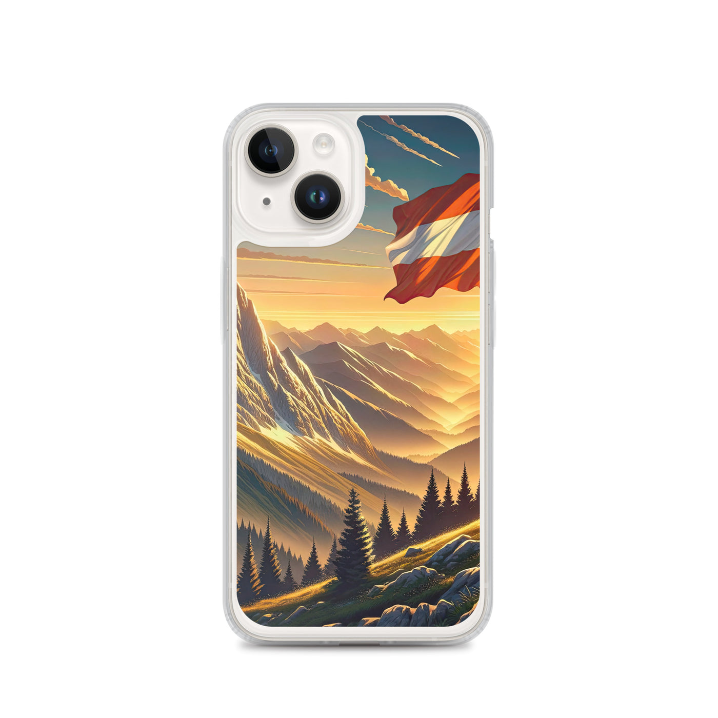 Ruhiger Alpenabend mit österreichischer Flagge und goldenem Sonnenuntergang - iPhone Schutzhülle (durchsichtig) berge xxx yyy zzz iPhone 14