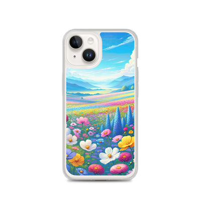Weitläufiges Blumenfeld unter himmelblauem Himmel, leuchtende Flora - iPhone Schutzhülle (durchsichtig) camping xxx yyy zzz iPhone 14
