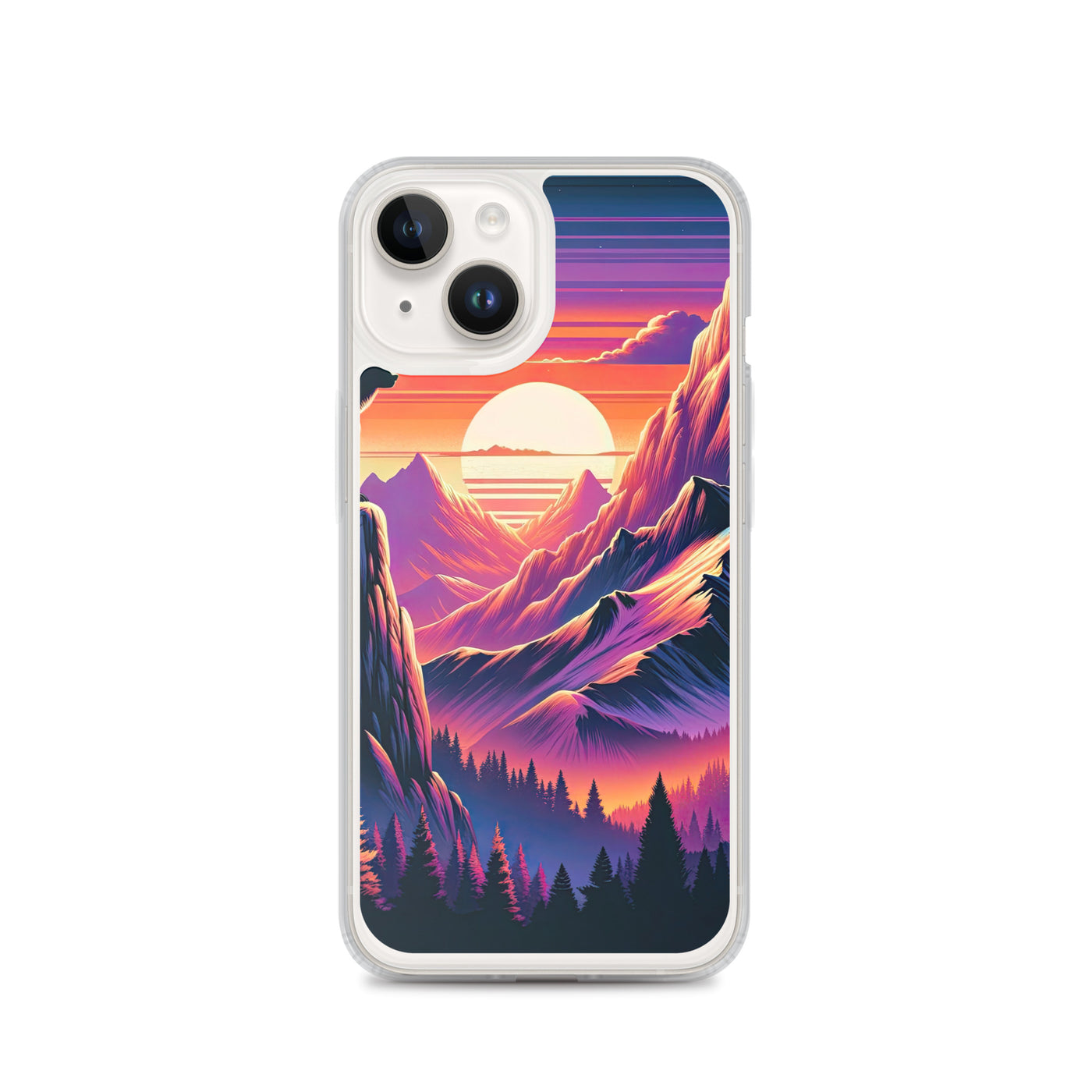Alpen-Sonnenuntergang mit Bär auf Hügel, warmes Himmelsfarbenspiel - iPhone Schutzhülle (durchsichtig) camping xxx yyy zzz iPhone 14