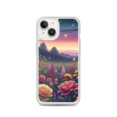 Skurriles Blumenfeld in Dämmerung, farbenfrohe Rosen, Lilien, Ringelblumen - iPhone Schutzhülle (durchsichtig) camping xxx yyy zzz iPhone 14