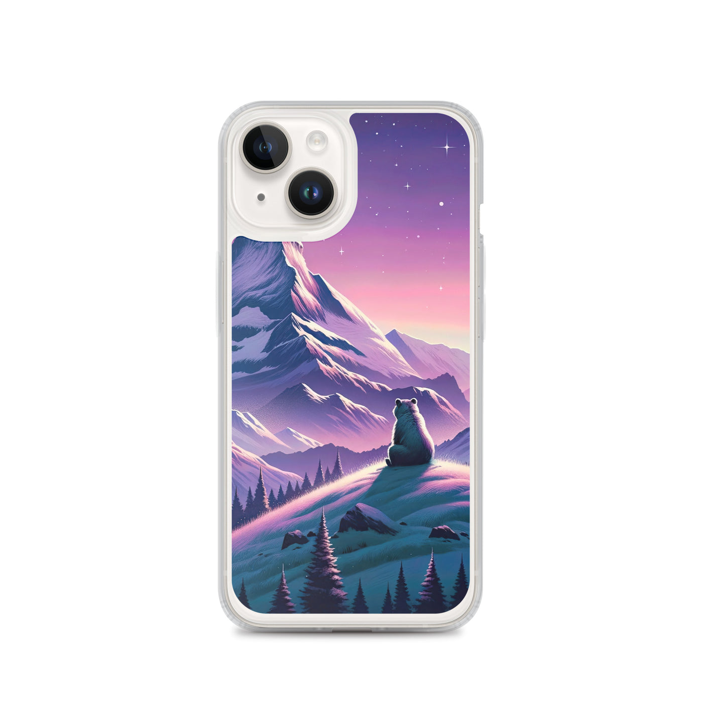 Bezaubernder Alpenabend mit Bär, lavendel-rosafarbener Himmel (AN) - iPhone Schutzhülle (durchsichtig) xxx yyy zzz iPhone 14