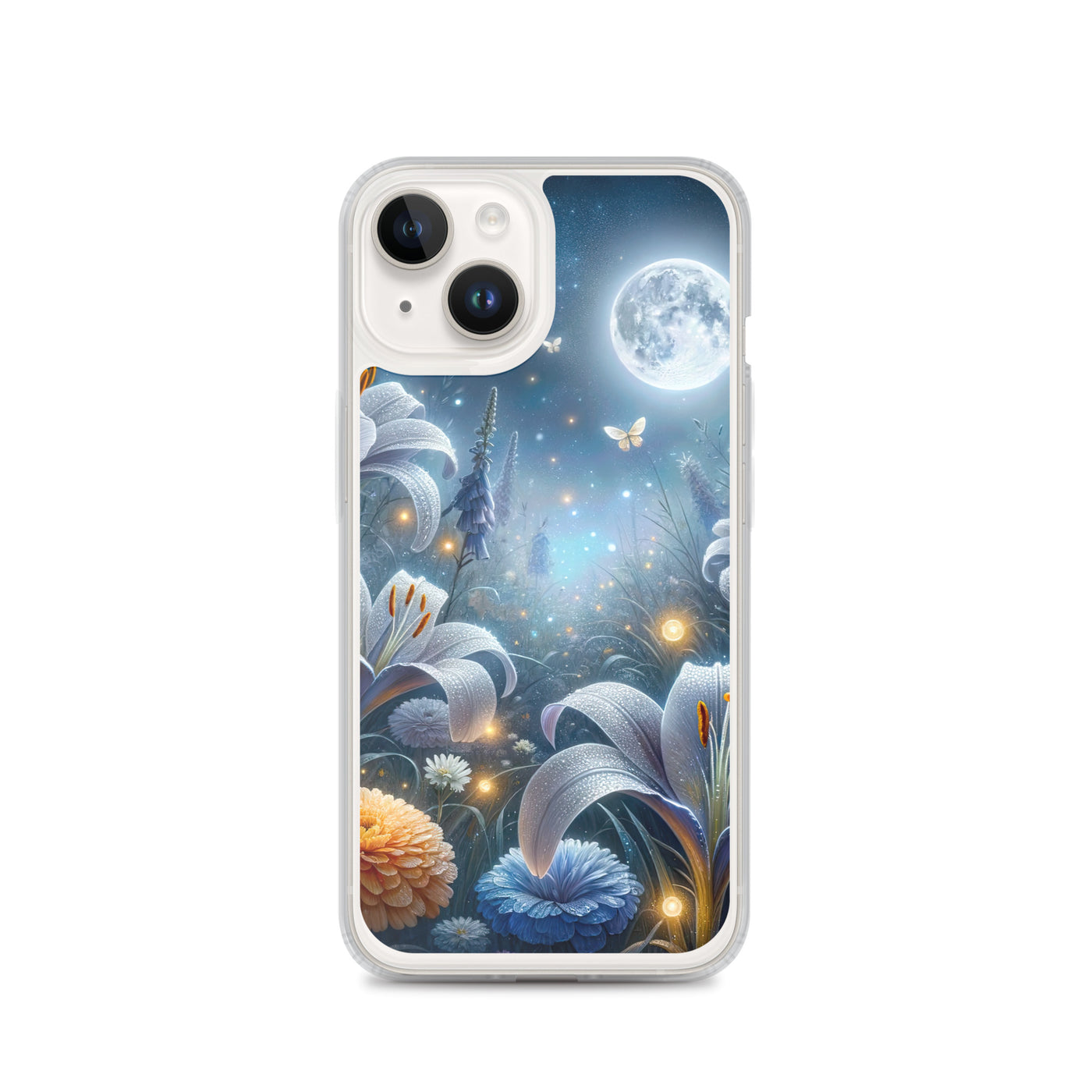 Ätherische Mondnacht auf blühender Wiese, silbriger Blumenglanz - iPhone Schutzhülle (durchsichtig) camping xxx yyy zzz iPhone 14