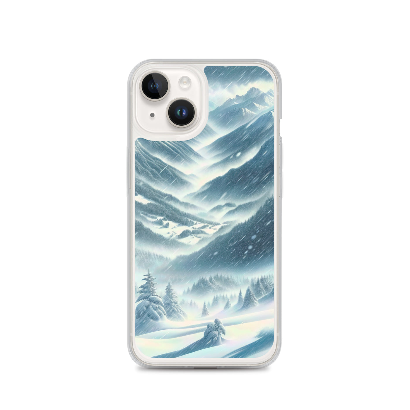 Alpine Wildnis im Wintersturm mit Skifahrer, verschneite Landschaft - iPhone Schutzhülle (durchsichtig) klettern ski xxx yyy zzz iPhone 14