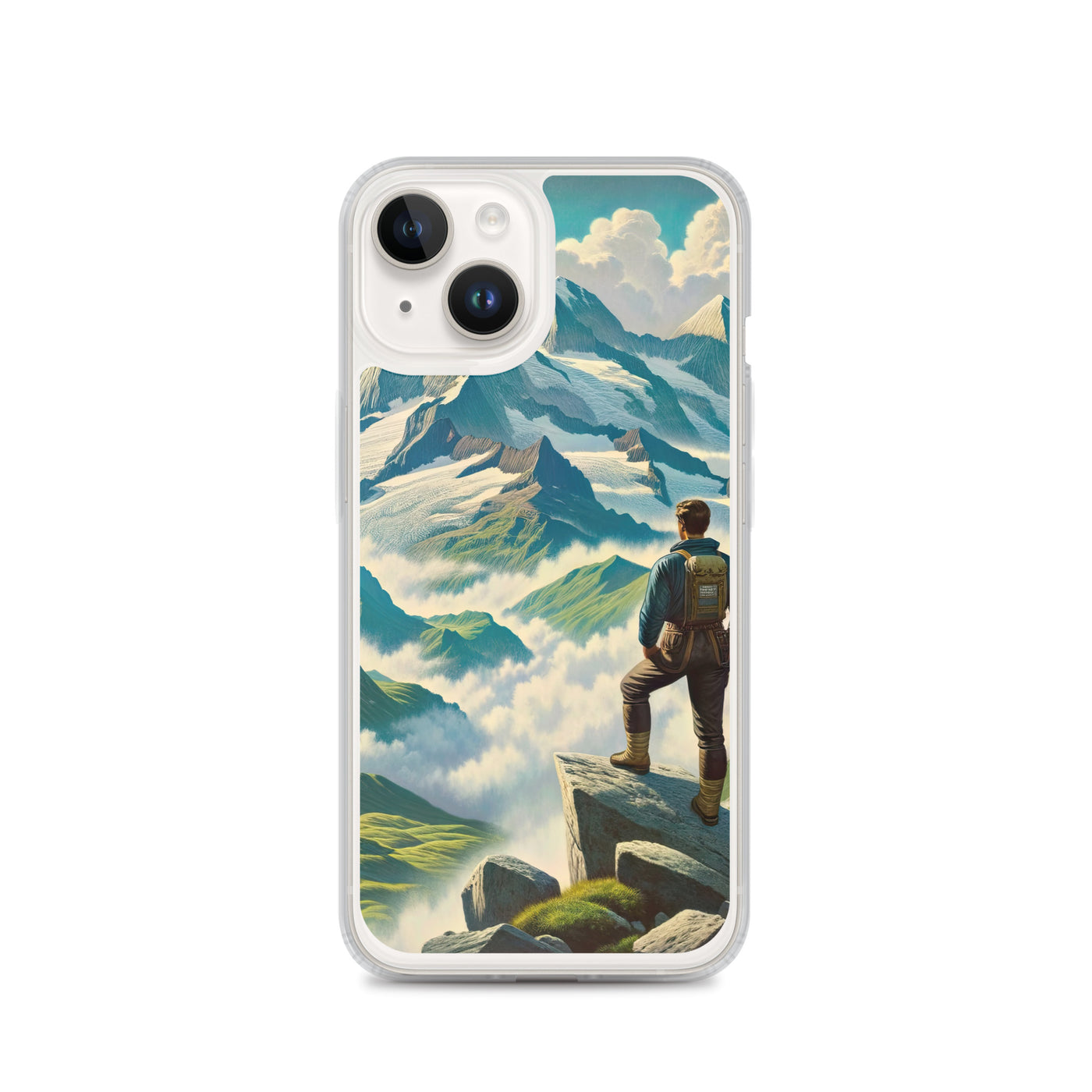 Panoramablick der Alpen mit Wanderer auf einem Hügel und schroffen Gipfeln - iPhone Schutzhülle (durchsichtig) wandern xxx yyy zzz iPhone 14