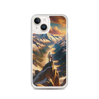 Ölgemälde eines Wanderers auf einem Hügel mit Panoramablick auf schneebedeckte Alpen und goldenen Himmel - iPhone Schutzhülle (durchsichtig) wandern xxx yyy zzz iPhone 14