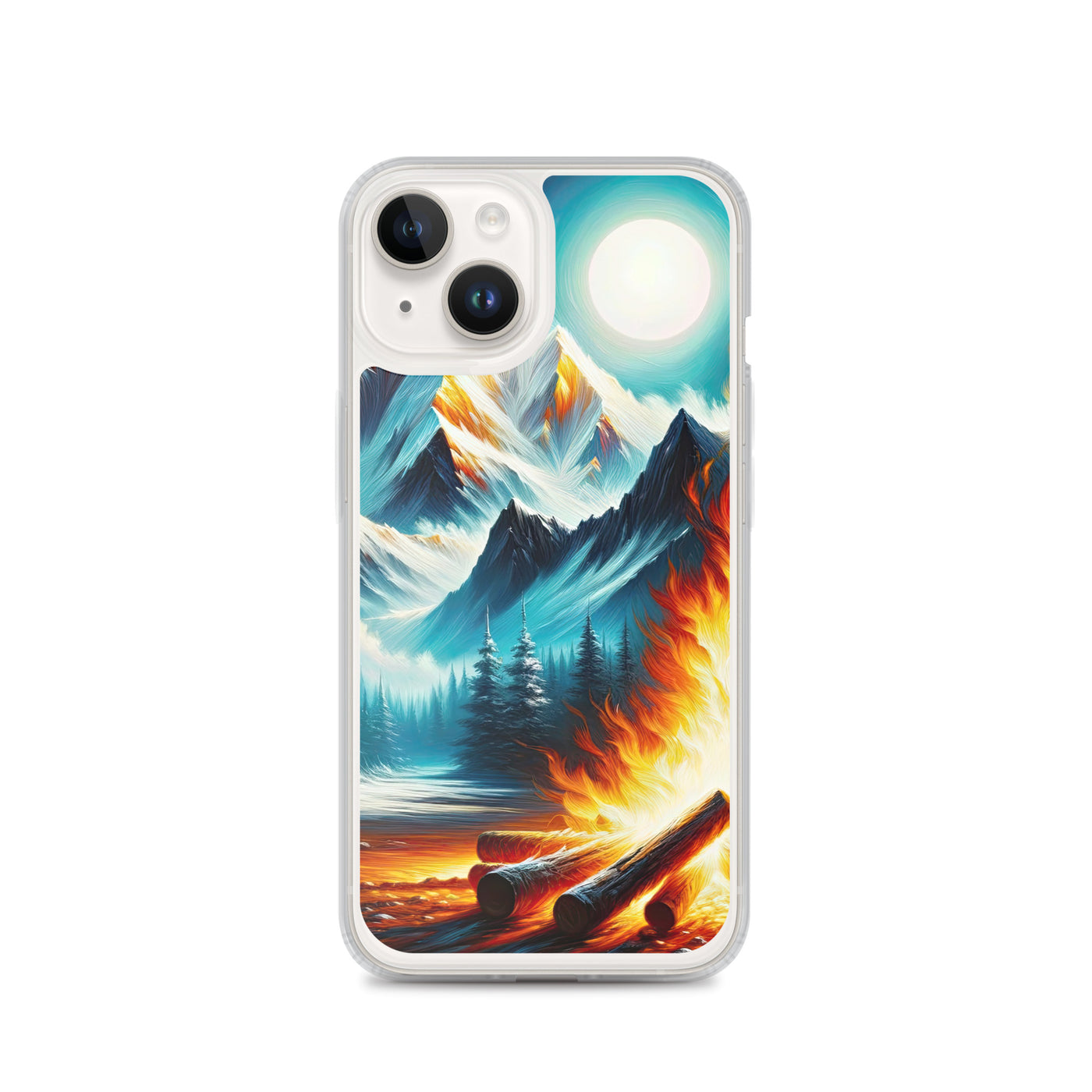 Ölgemälde von Feuer und Eis: Lagerfeuer und Alpen im Kontrast, warme Flammen - iPhone Schutzhülle (durchsichtig) camping xxx yyy zzz iPhone 14