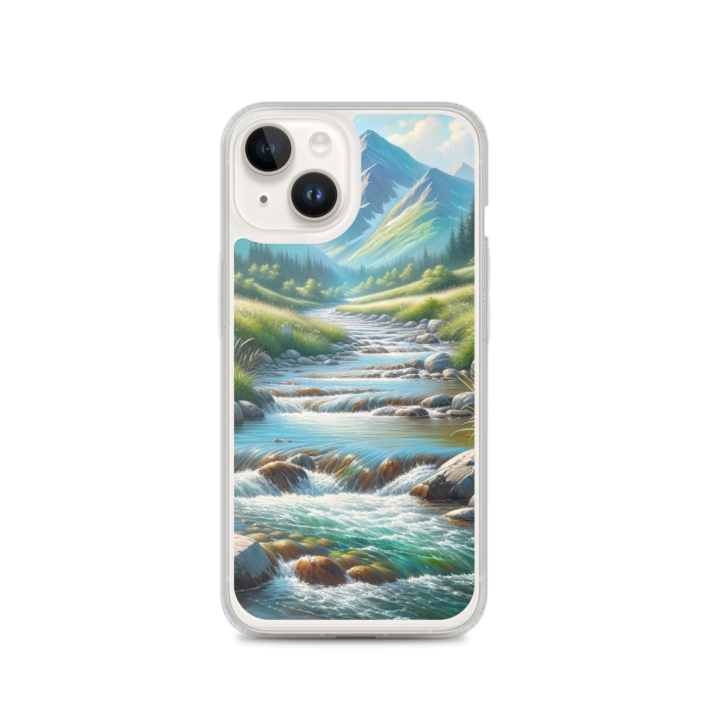 Sanfter Gebirgsbach in Ölgemälde, klares Wasser über glatten Felsen - iPhone Schutzhülle (durchsichtig) berge xxx yyy zzz iPhone 14
