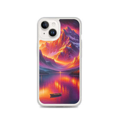 Ölgemälde eines Bootes auf einem Bergsee bei Sonnenuntergang, lebendige Orange-Lila Töne - iPhone Schutzhülle (durchsichtig) berge xxx yyy zzz iPhone 14