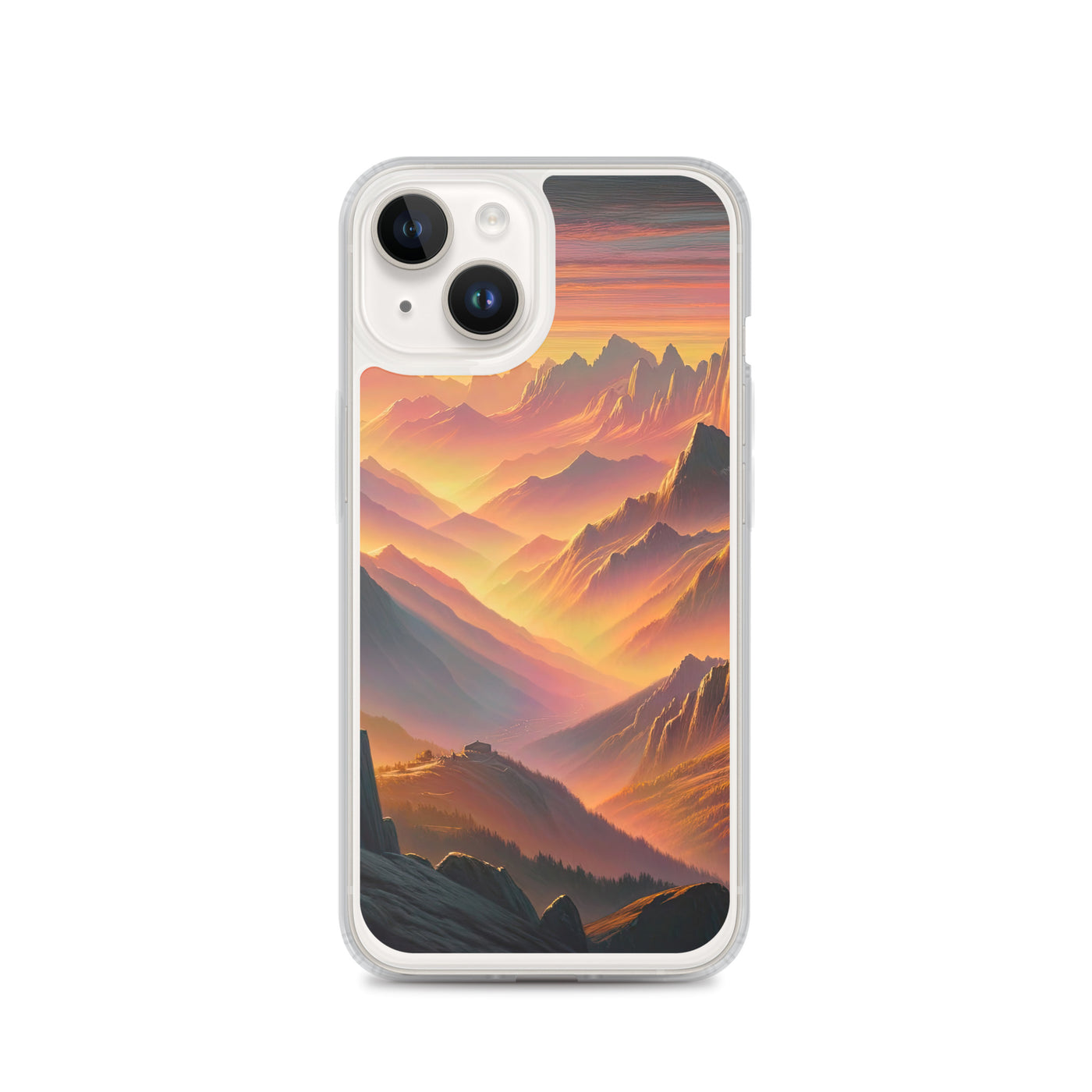 Ölgemälde der Alpen in der goldenen Stunde mit Wanderer, Orange-Rosa Bergpanorama - iPhone Schutzhülle (durchsichtig) wandern xxx yyy zzz iPhone 14