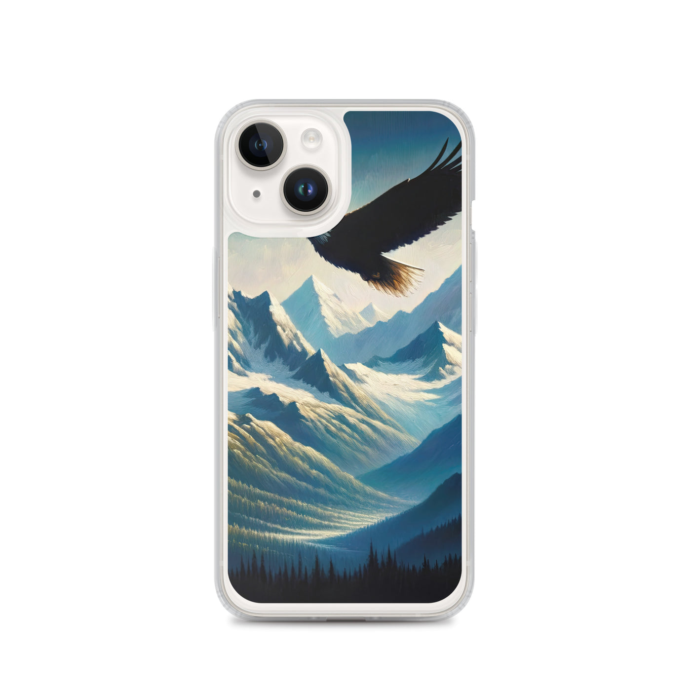 Ölgemälde eines Adlers vor schneebedeckten Bergsilhouetten - iPhone Schutzhülle (durchsichtig) berge xxx yyy zzz iPhone 14