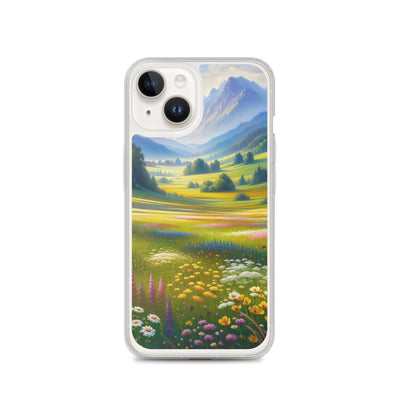 Ölgemälde einer Almwiese, Meer aus Wildblumen in Gelb- und Lilatönen - iPhone Schutzhülle (durchsichtig) berge xxx yyy zzz iPhone 14