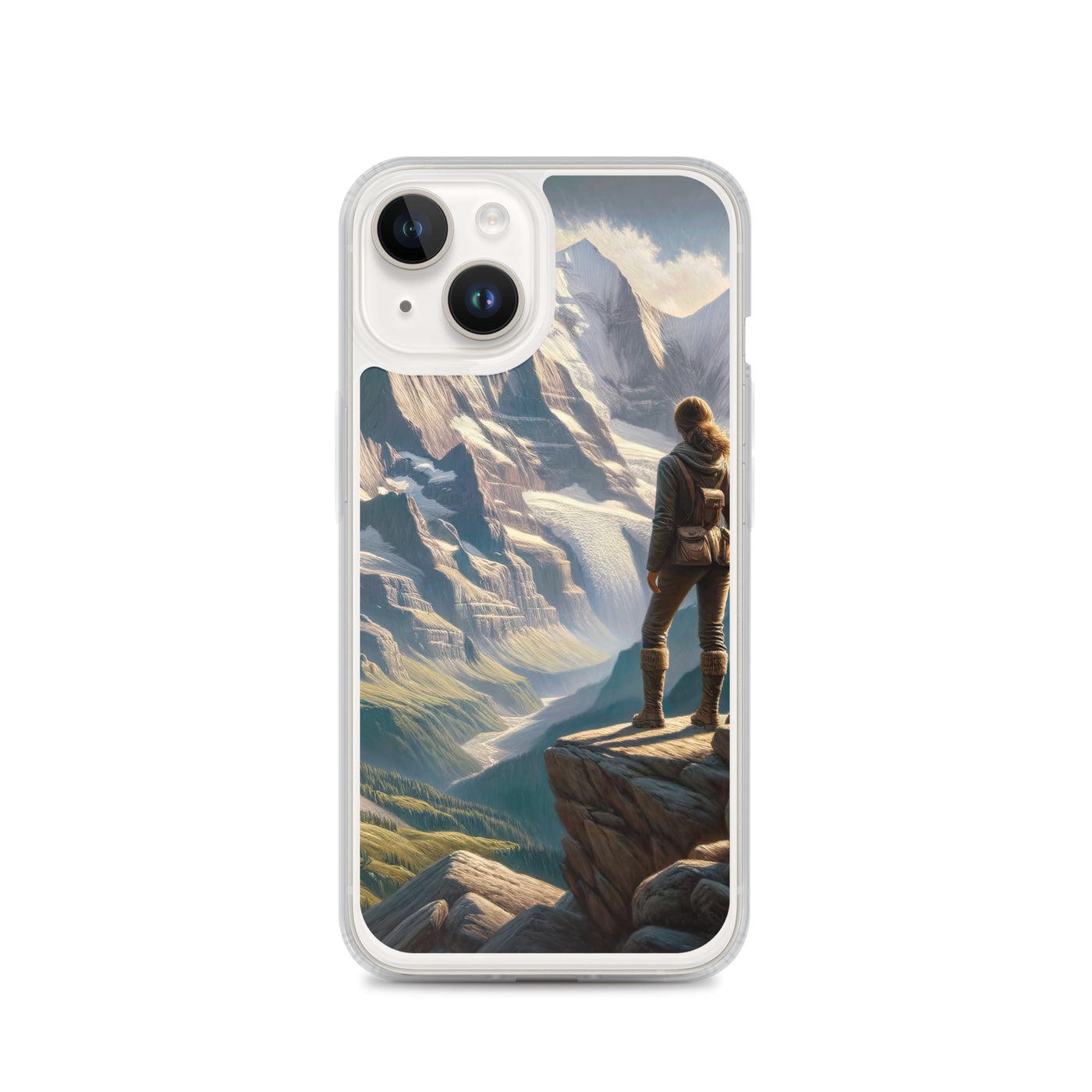 Ölgemälde der Alpengipfel mit Schweizer Abenteurerin auf Felsvorsprung - iPhone Schutzhülle (durchsichtig) wandern xxx yyy zzz iPhone 14
