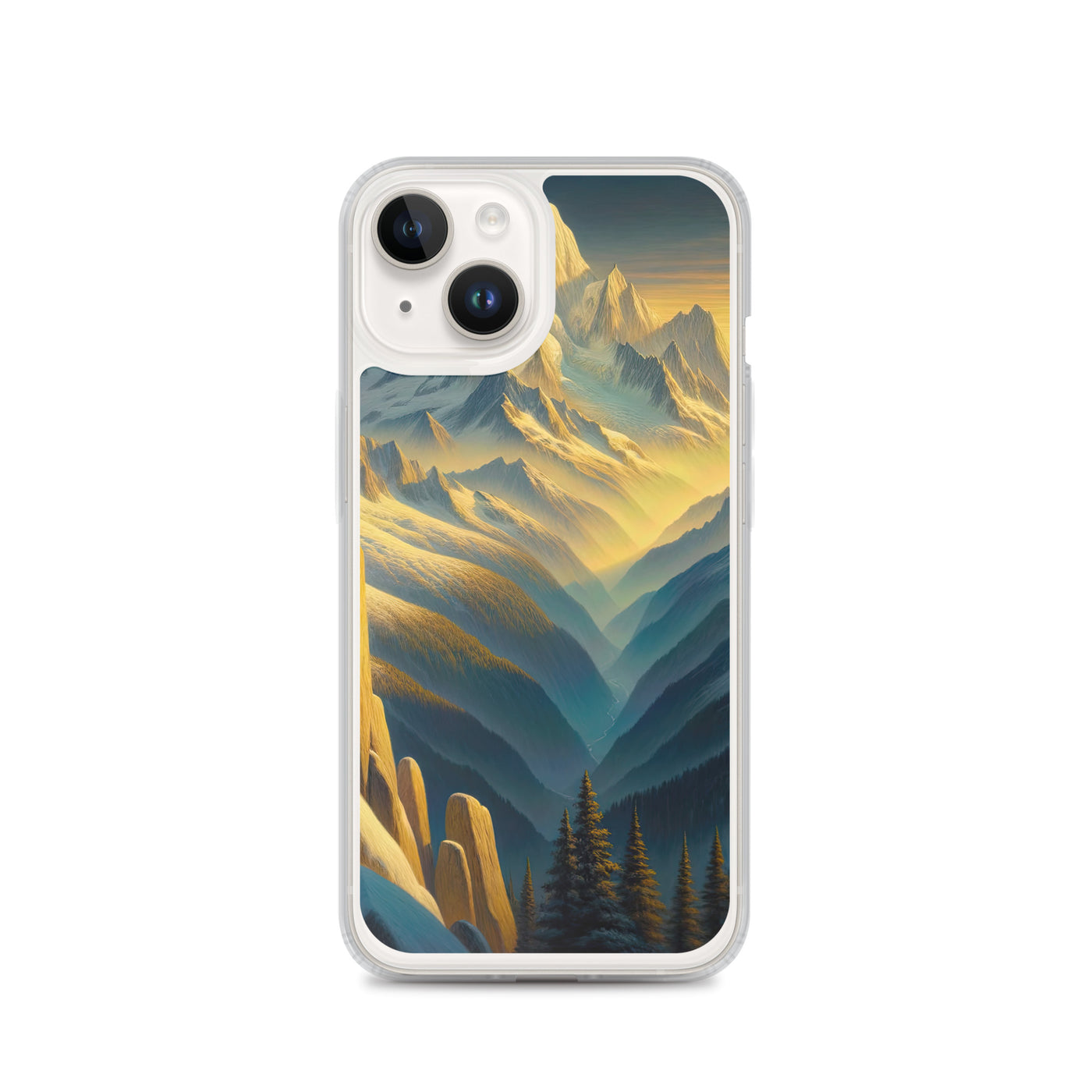 Ölgemälde eines Wanderers bei Morgendämmerung auf Alpengipfeln mit goldenem Sonnenlicht - iPhone Schutzhülle (durchsichtig) wandern xxx yyy zzz iPhone 14
