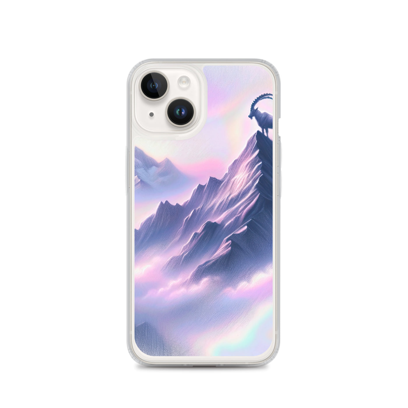 Pastellzeichnung der Alpen im Morgengrauen mit Steinbock in Rosa- und Lavendeltönen - iPhone Schutzhülle (durchsichtig) berge xxx yyy zzz iPhone 14