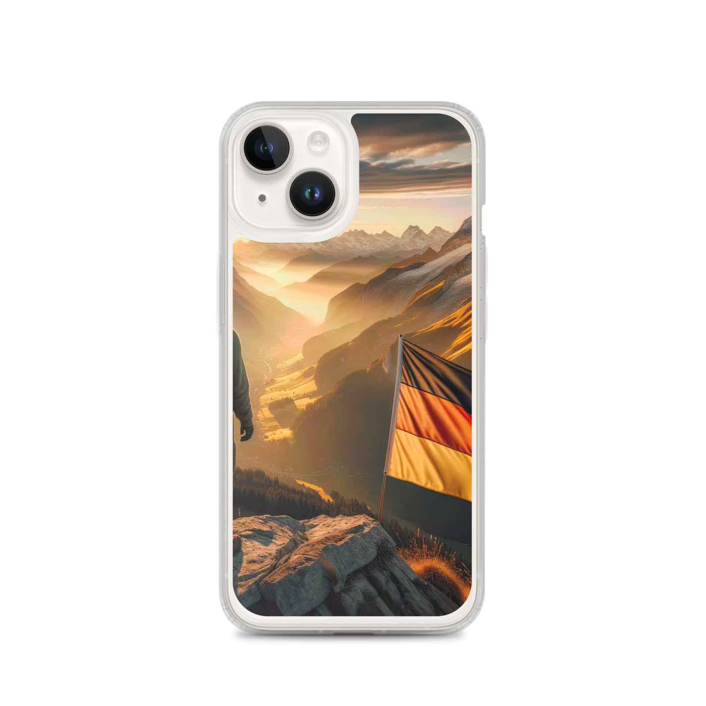 Foto der Alpen bei Sonnenuntergang mit deutscher Flagge und Wanderer, goldenes Licht auf Schneegipfeln - iPhone Schutzhülle (durchsichtig) berge xxx yyy zzz iPhone 14