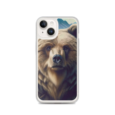 Foto eines Bären vor abstrakt gemalten Alpenbergen, Oberkörper im Fokus - iPhone Schutzhülle (durchsichtig) camping xxx yyy zzz iPhone 14