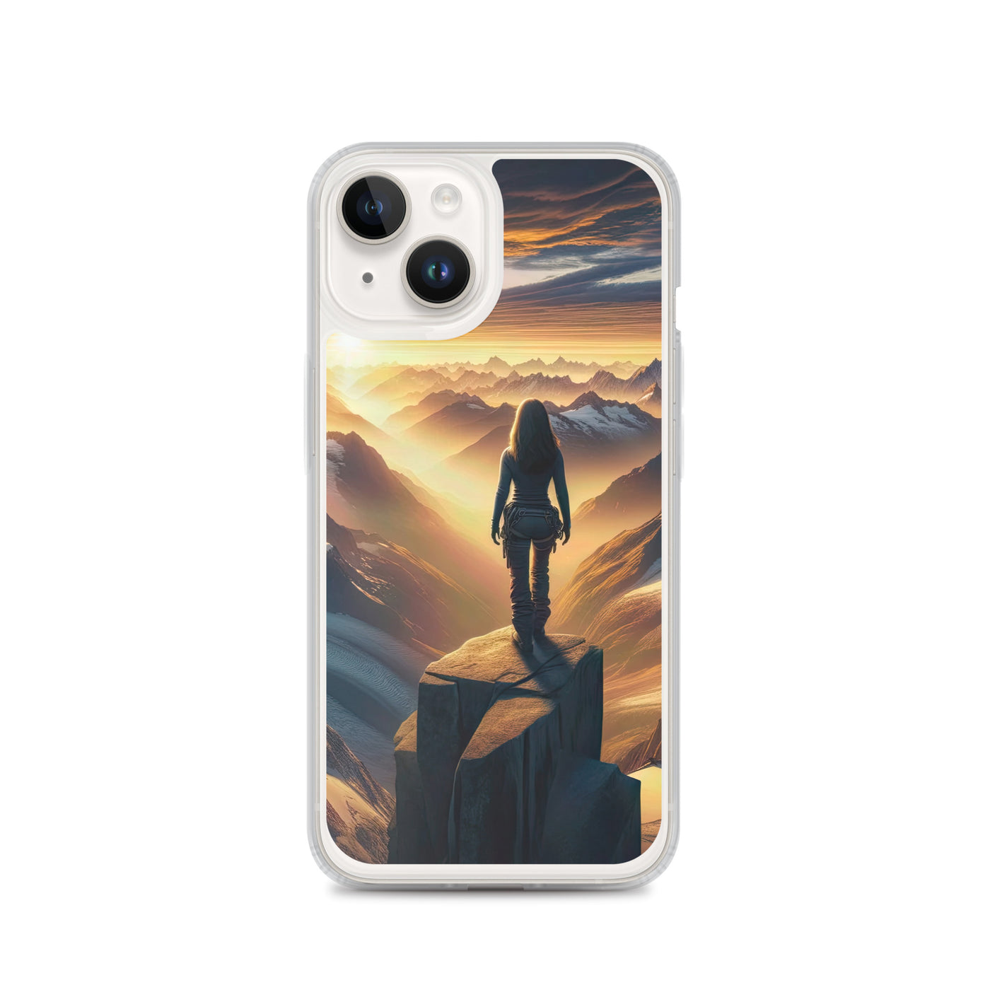 Fotorealistische Darstellung der Alpen bei Sonnenaufgang, Wanderin unter einem gold-purpurnen Himmel - iPhone Schutzhülle (durchsichtig) wandern xxx yyy zzz iPhone 14