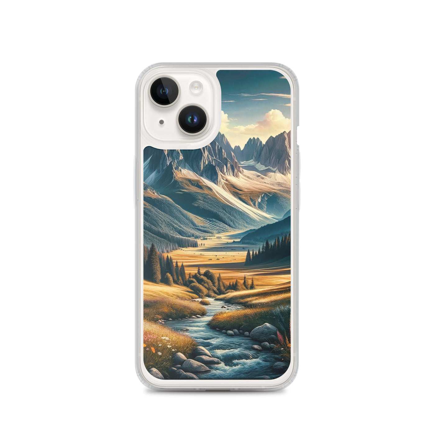 Quadratisches Kunstwerk der Alpen, majestätische Berge unter goldener Sonne - iPhone Schutzhülle (durchsichtig) berge xxx yyy zzz iPhone 14