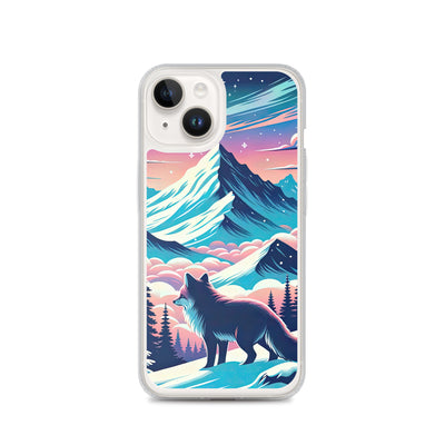 Vektorgrafik eines alpinen Winterwunderlandes mit schneebedeckten Kiefern und einem Fuchs - iPhone Schutzhülle (durchsichtig) camping xxx yyy zzz iPhone 14