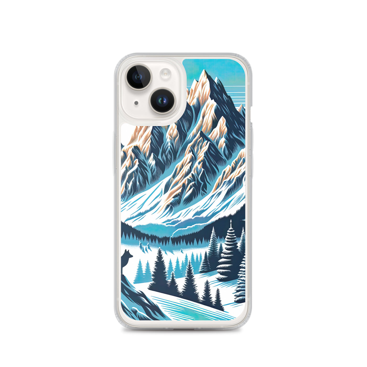 Vektorgrafik eines Wolfes im winterlichen Alpenmorgen, Berge mit Schnee- und Felsmustern - iPhone Schutzhülle (durchsichtig) berge xxx yyy zzz iPhone 14