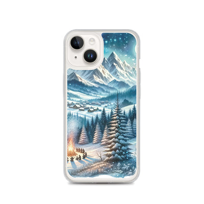 Aquarell eines Winterabends in den Alpen mit Lagerfeuer und Wanderern, glitzernder Neuschnee - iPhone Schutzhülle (durchsichtig) camping xxx yyy zzz iPhone 14