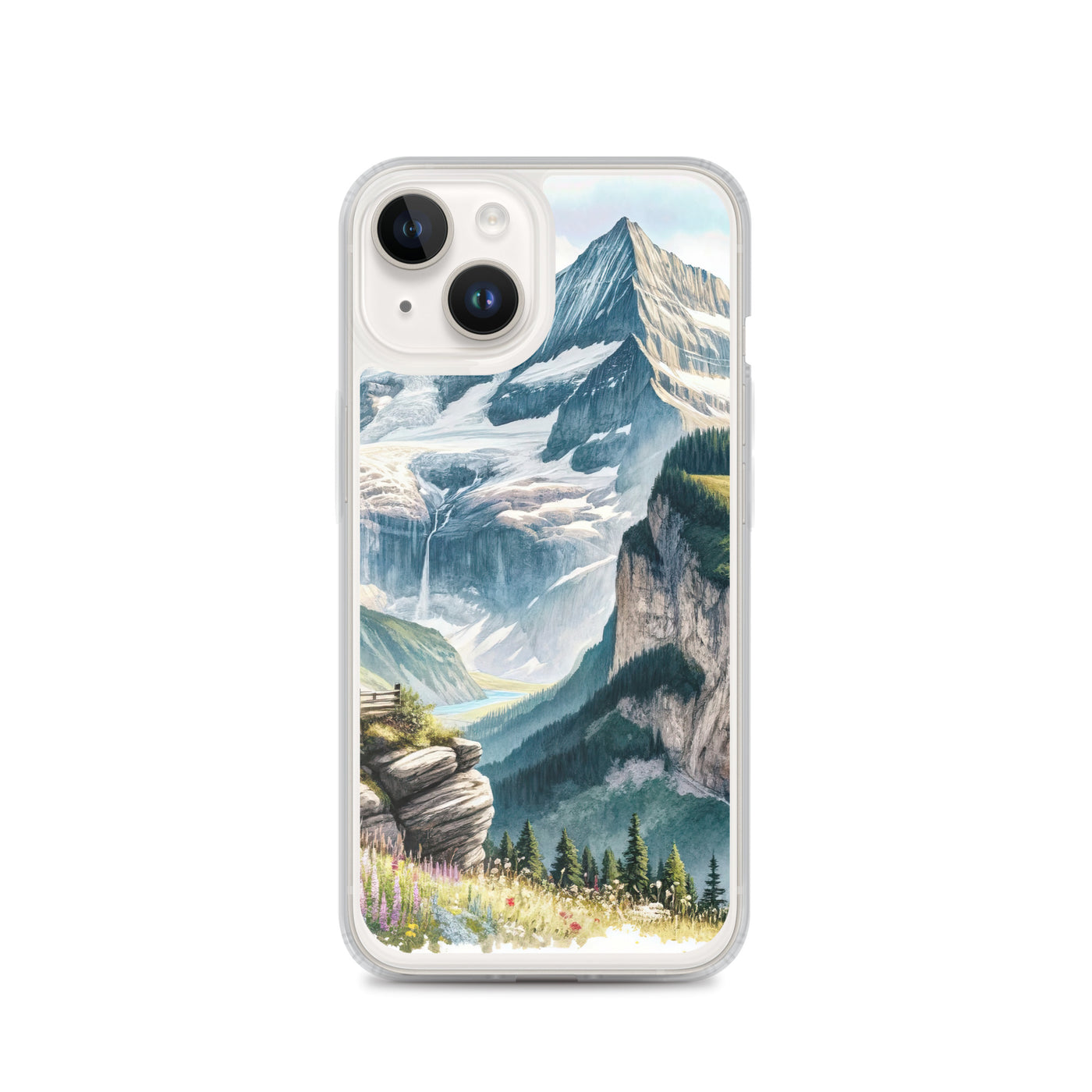 Aquarell-Panoramablick der Alpen mit schneebedeckten Gipfeln, Wasserfällen und Wanderern - iPhone Schutzhülle (durchsichtig) wandern xxx yyy zzz iPhone 14