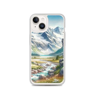 Aquarellmalerei eines Bären und der sommerlichen Alpenschönheit mit schneebedeckten Ketten - iPhone Schutzhülle (durchsichtig) camping xxx yyy zzz iPhone 14