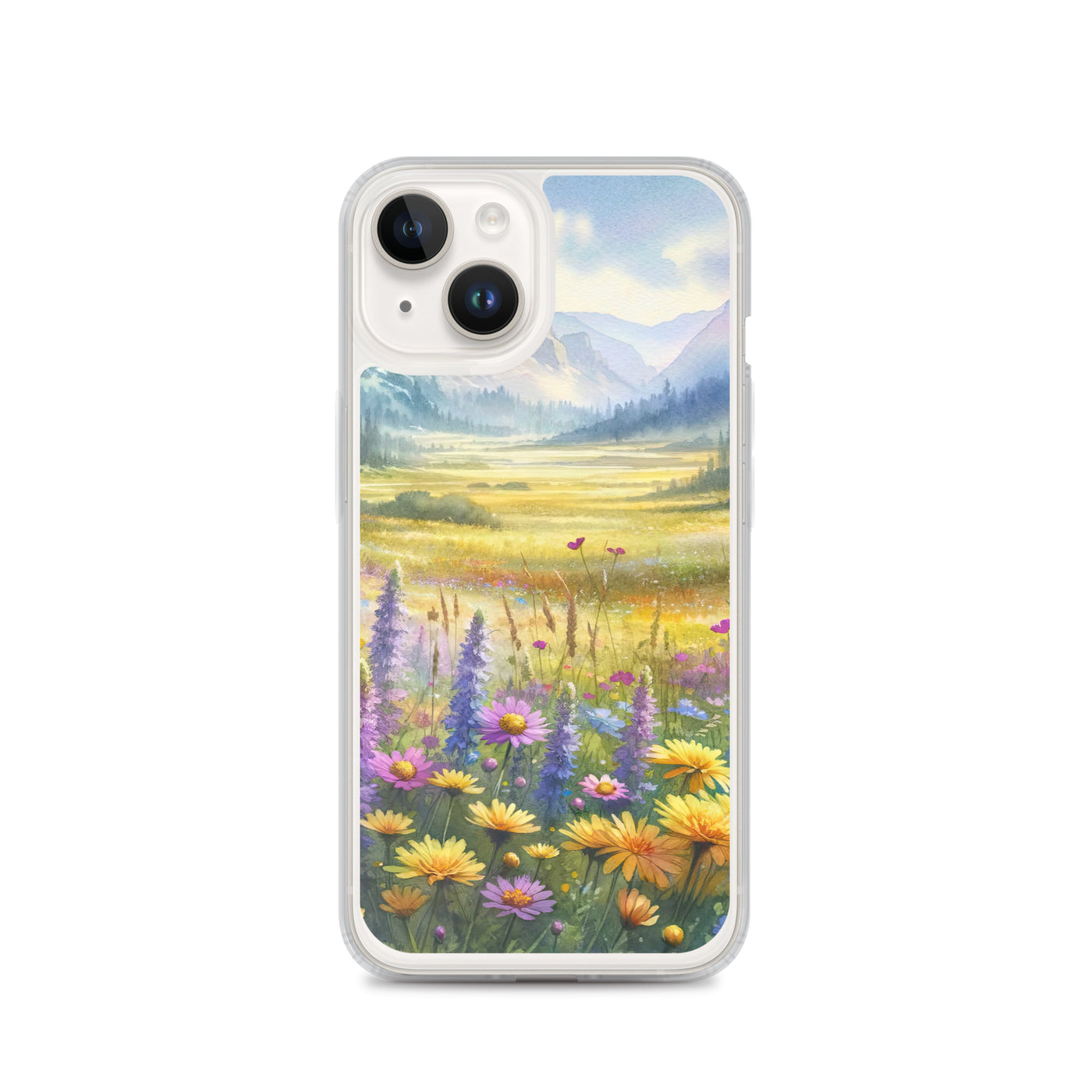 Aquarell einer Almwiese in Ruhe, Wildblumenteppich in Gelb, Lila, Rosa - iPhone Schutzhülle (durchsichtig) berge xxx yyy zzz iPhone 14