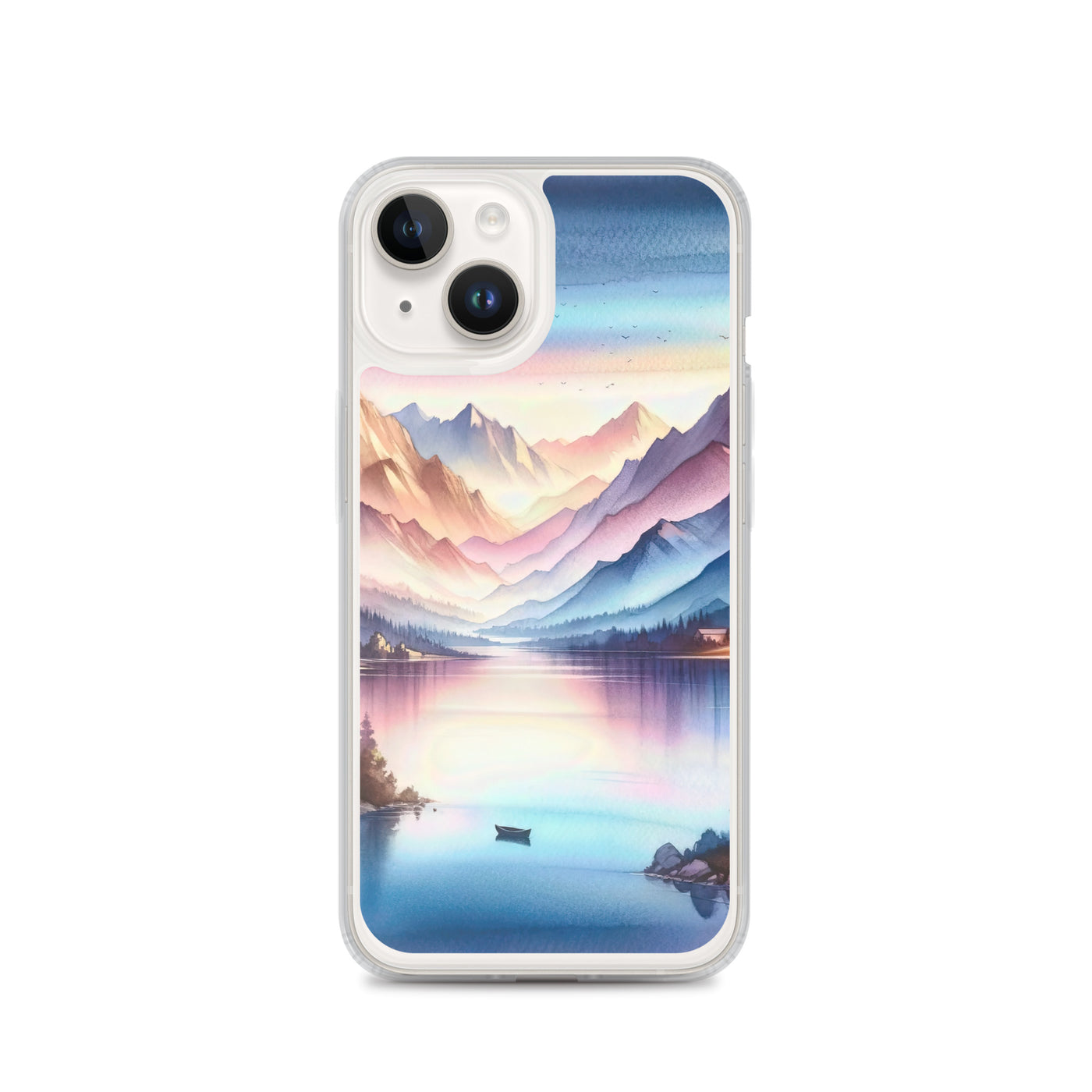 Aquarell einer Dämmerung in den Alpen, Boot auf einem See in Pastell-Licht - iPhone Schutzhülle (durchsichtig) berge xxx yyy zzz iPhone 14