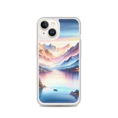 Aquarell einer Dämmerung in den Alpen, Boot auf einem See in Pastell-Licht - iPhone Schutzhülle (durchsichtig) berge xxx yyy zzz iPhone 14
