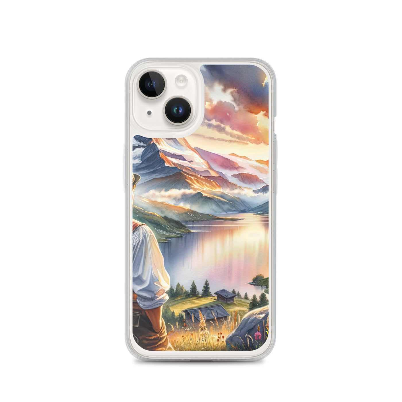 Aquarell einer Berglandschaft in der goldenen Stunde mit österreichischem Wanderer - iPhone Schutzhülle (durchsichtig) wandern xxx yyy zzz iPhone 14